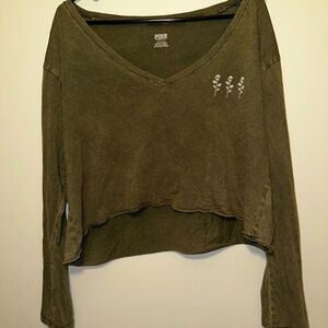 Olive Green V-Neck Long Sleeve Crop Top